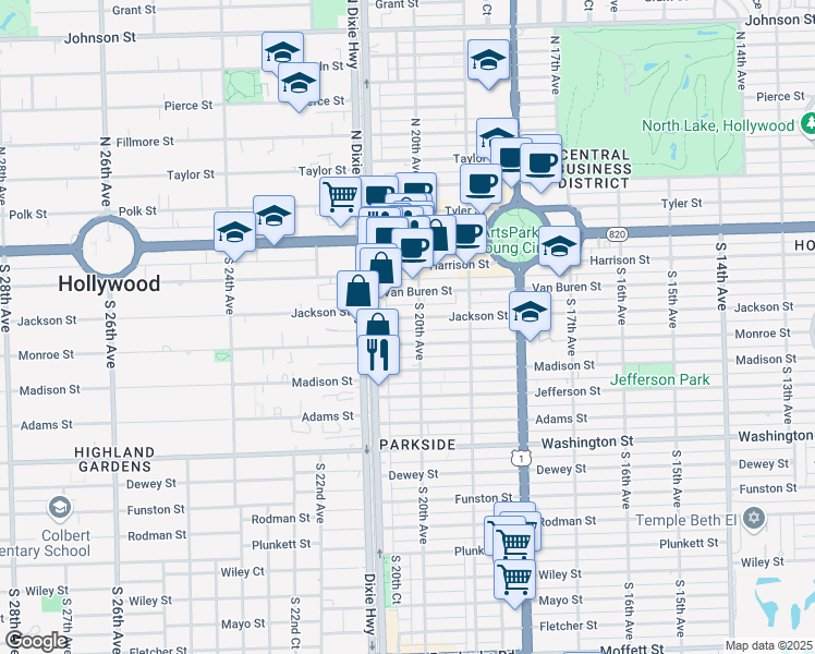 map of restaurants, bars, coffee shops, grocery stores, and more near 2030 Jackson Street in Hollywood