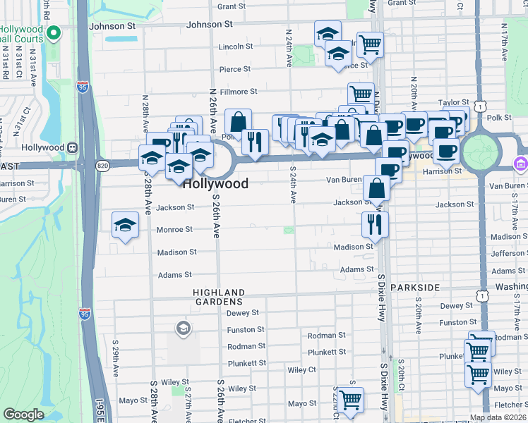 map of restaurants, bars, coffee shops, grocery stores, and more near 2426 Jackson Street in Hollywood