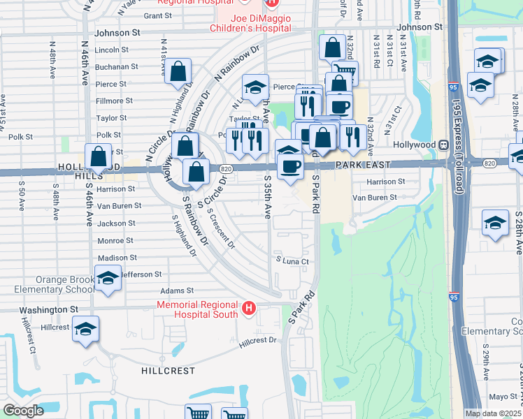 map of restaurants, bars, coffee shops, grocery stores, and more near 3600 Van Buren Street in Hollywood