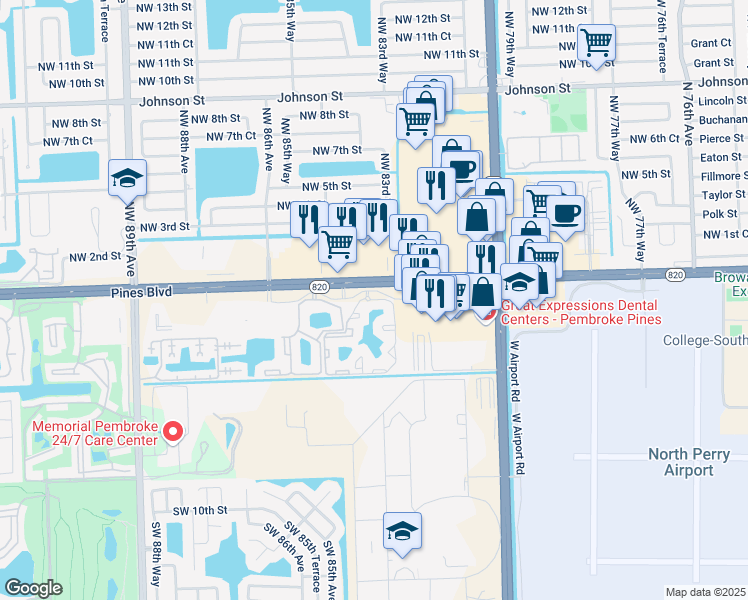 map of restaurants, bars, coffee shops, grocery stores, and more near 8320 Southwest 1st Street in Pembroke Pines