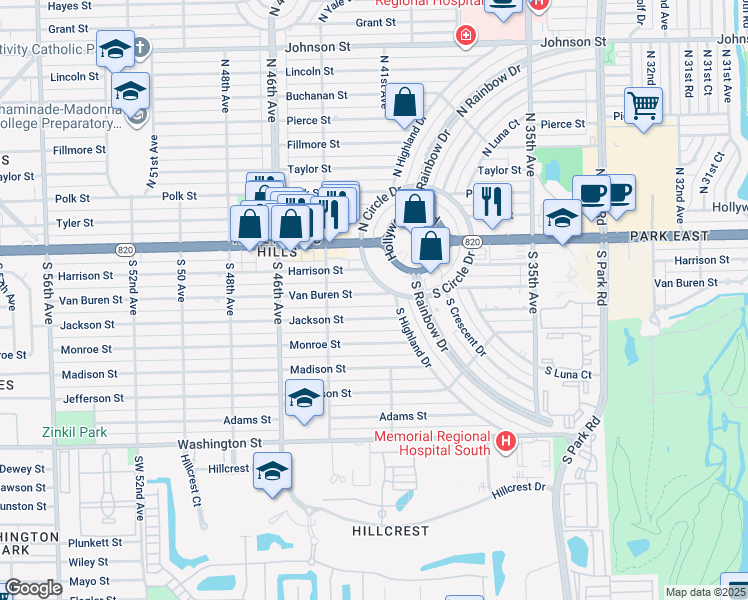 map of restaurants, bars, coffee shops, grocery stores, and more near 4200 Van Buren Street in Hollywood