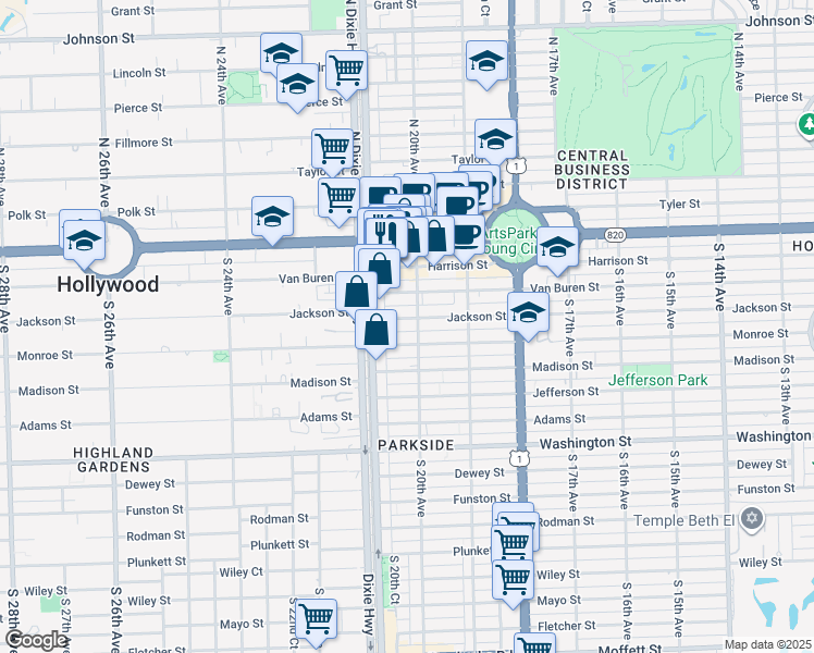 map of restaurants, bars, coffee shops, grocery stores, and more near 2030 Jackson Street in Hollywood