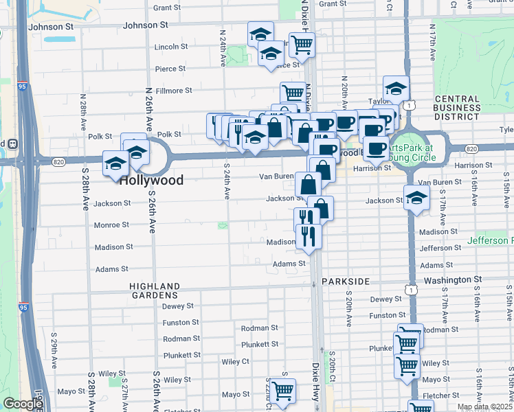map of restaurants, bars, coffee shops, grocery stores, and more near 2242 Jackson Street in Hollywood