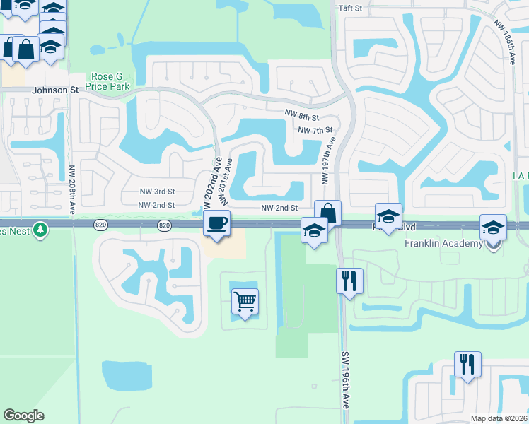 map of restaurants, bars, coffee shops, grocery stores, and more near 20010 Northwest 2nd Street in Pembroke Pines