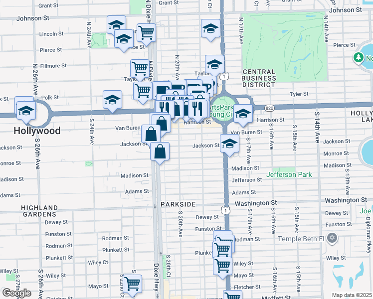 map of restaurants, bars, coffee shops, grocery stores, and more near 1990 Jackson Street in Hollywood