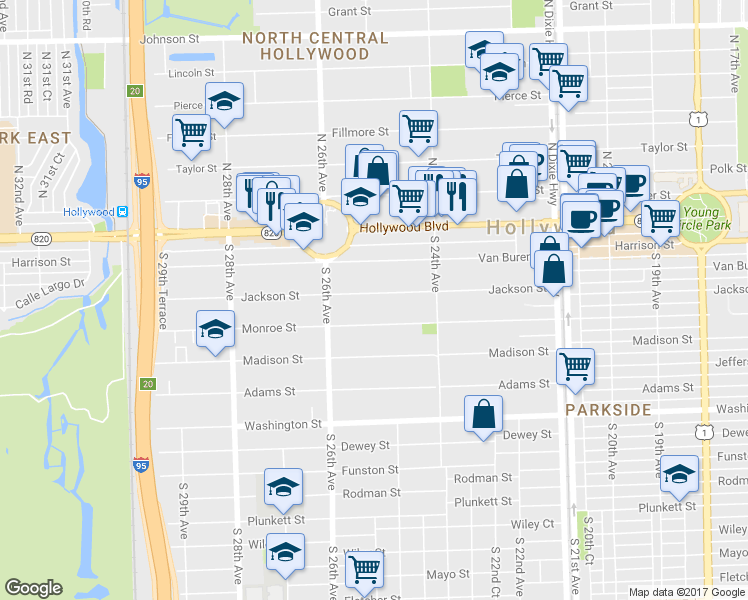 map of restaurants, bars, coffee shops, grocery stores, and more near 2500 Jackson Street in Hollywood