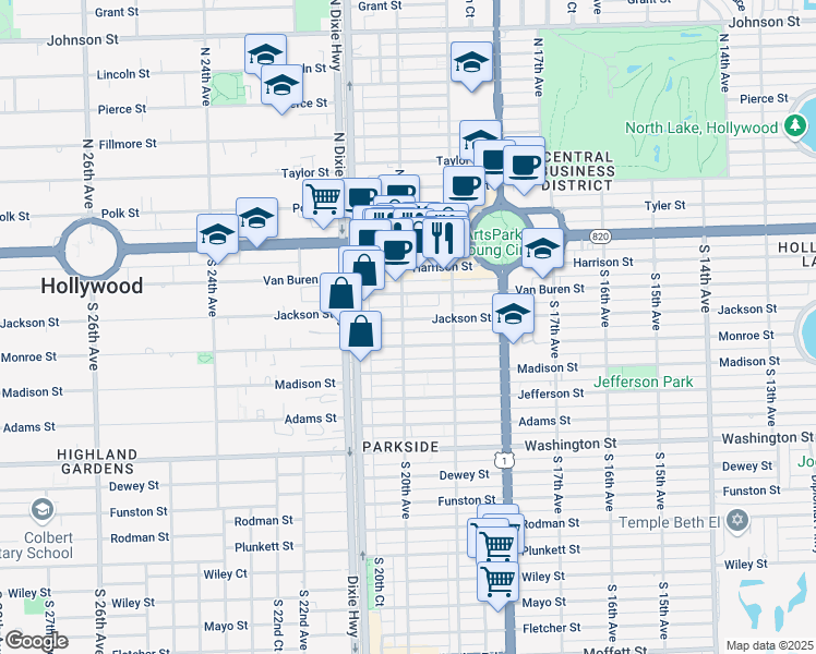 map of restaurants, bars, coffee shops, grocery stores, and more near 1990 Jackson Street in Hollywood