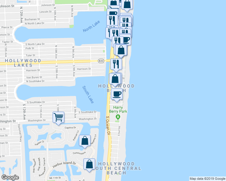 map of restaurants, bars, coffee shops, grocery stores, and more near 602 South Ocean Drive in Hollywood