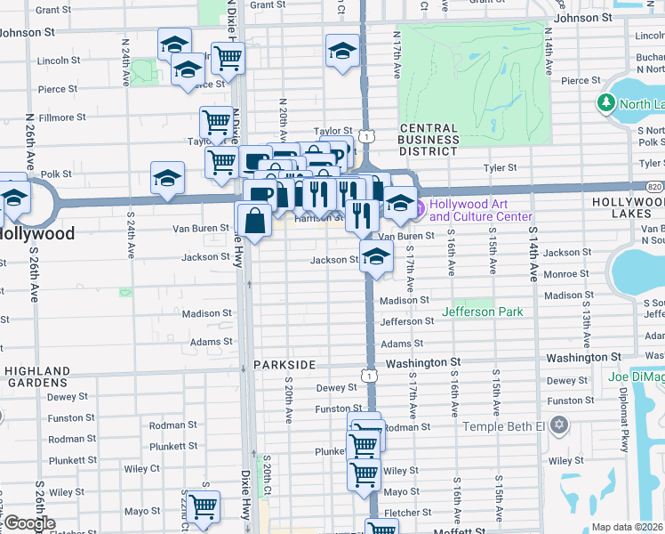 map of restaurants, bars, coffee shops, grocery stores, and more near 398 South 19th Avenue in Hollywood