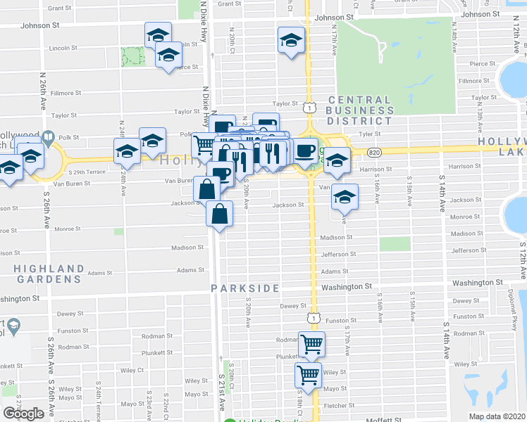 map of restaurants, bars, coffee shops, grocery stores, and more near 1990 Jackson Street in Hollywood