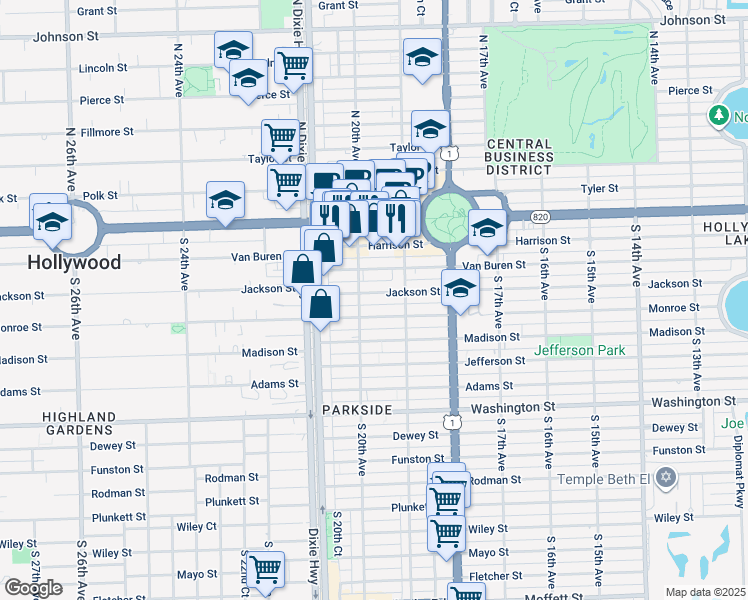 map of restaurants, bars, coffee shops, grocery stores, and more near 1990 Jackson Street in Hollywood