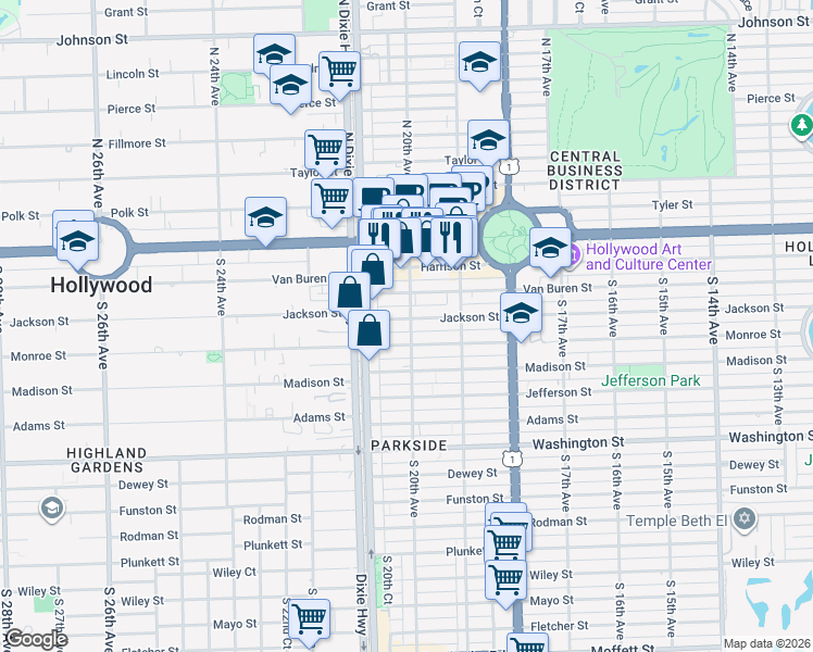 map of restaurants, bars, coffee shops, grocery stores, and more near 1990 Jackson Street in Hollywood