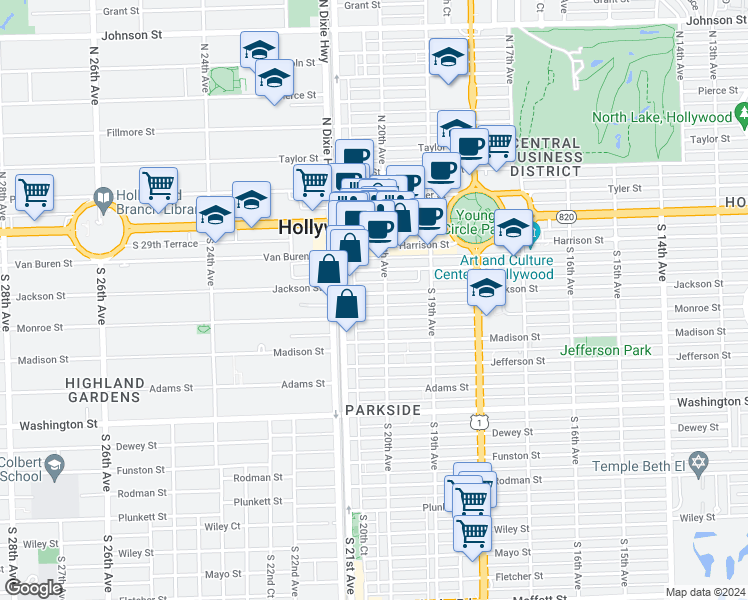 map of restaurants, bars, coffee shops, grocery stores, and more near 2030 Jackson Street in Hollywood