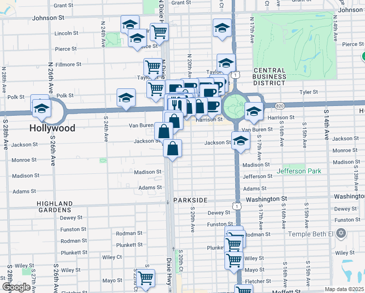 map of restaurants, bars, coffee shops, grocery stores, and more near 2030 Jackson Street in Hollywood