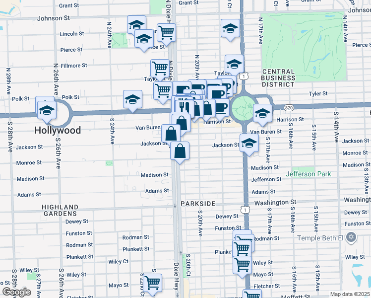 map of restaurants, bars, coffee shops, grocery stores, and more near 2030 Jackson Street in Hollywood
