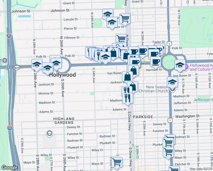 map of restaurants, bars, coffee shops, grocery stores, and more near 2236 Jackson Street in Hollywood