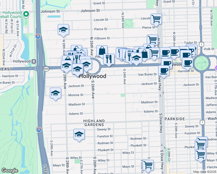 map of restaurants, bars, coffee shops, grocery stores, and more near 2500 Jackson Street in Hollywood