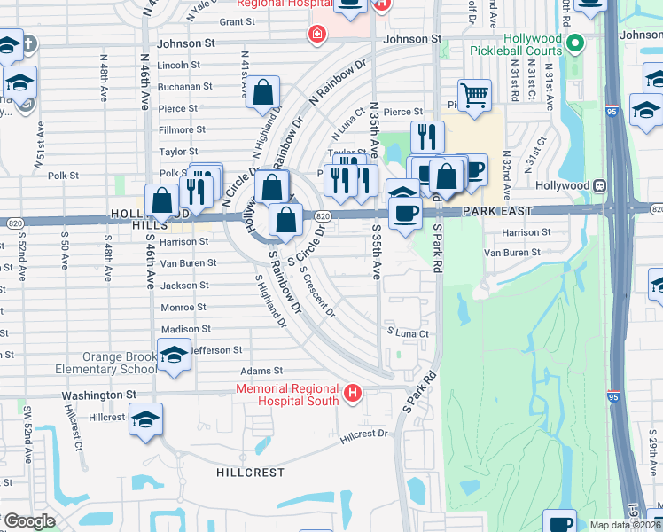 map of restaurants, bars, coffee shops, grocery stores, and more near 131 South Luna Court in Hollywood
