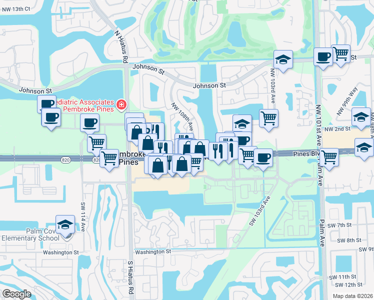 map of restaurants, bars, coffee shops, grocery stores, and more near 10789 Pines Boulevard in Pembroke Pines