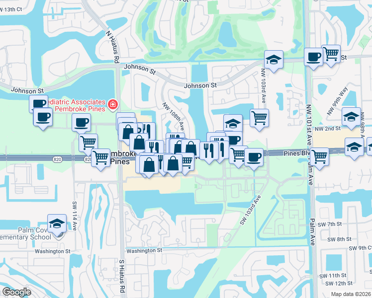 map of restaurants, bars, coffee shops, grocery stores, and more near 10789 Pines Boulevard in Pembroke Pines
