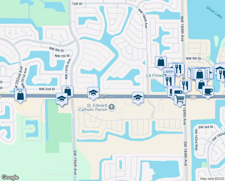 map of restaurants, bars, coffee shops, grocery stores, and more near 18866 Northwest 1st Street in Pembroke Pines