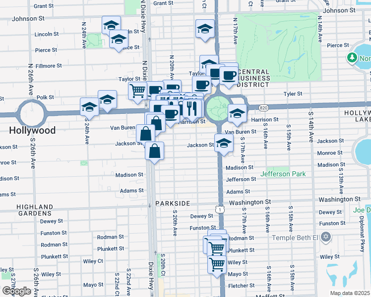map of restaurants, bars, coffee shops, grocery stores, and more near 1990 Jackson Street in Hollywood