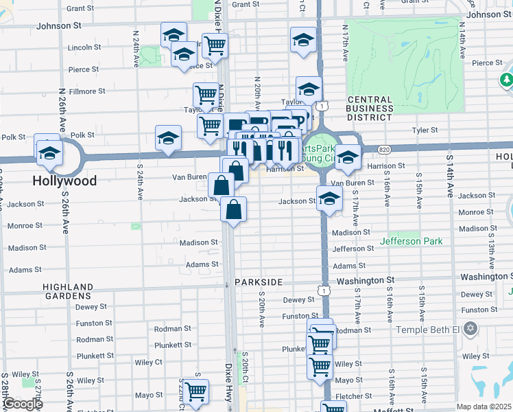 map of restaurants, bars, coffee shops, grocery stores, and more near 1990 Jackson Street in Hollywood