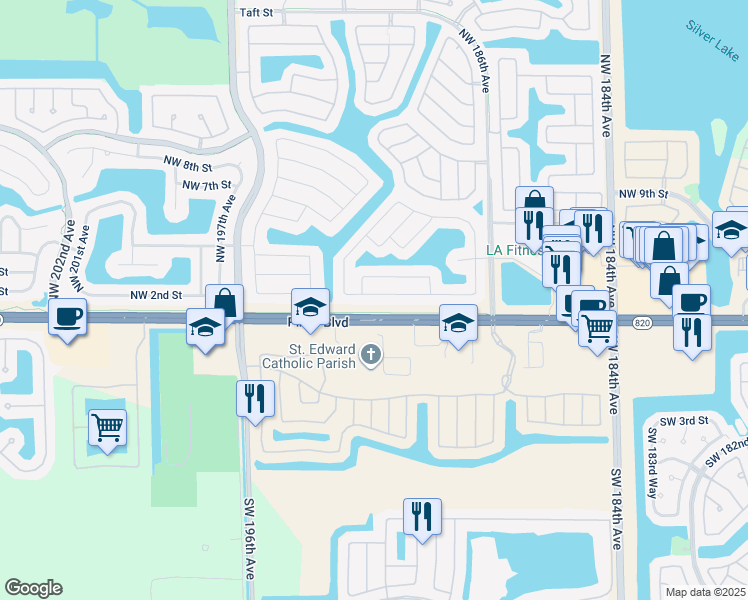 map of restaurants, bars, coffee shops, grocery stores, and more near 18866 Northwest 1st Street in Pembroke Pines