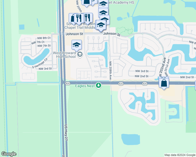 map of restaurants, bars, coffee shops, grocery stores, and more near 20850 Northwest 1st Street in Pembroke Pines