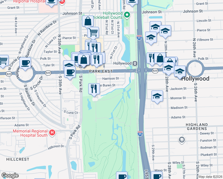 map of restaurants, bars, coffee shops, grocery stores, and more near 3150 Calle Largo Drive in Hollywood