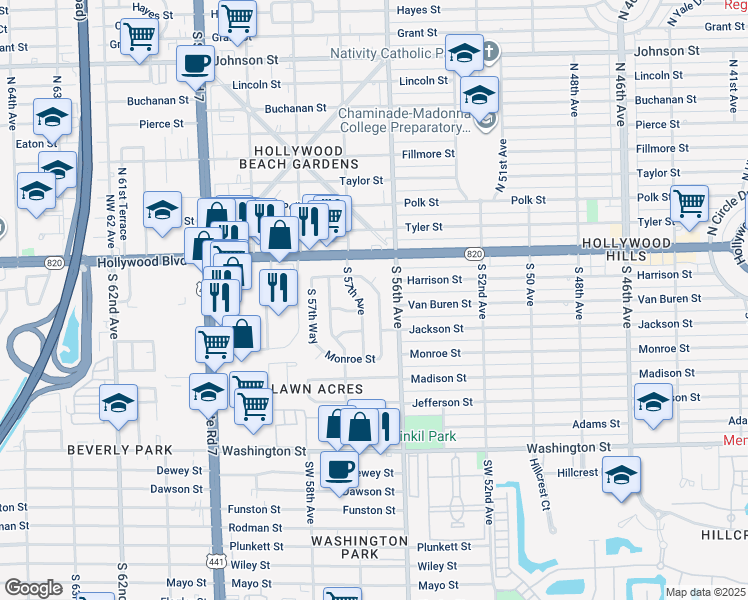 map of restaurants, bars, coffee shops, grocery stores, and more near 222 South 56th Terrace in Hollywood
