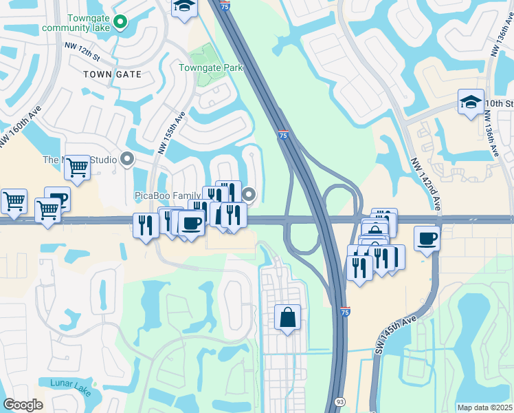 map of restaurants, bars, coffee shops, grocery stores, and more near 101 Northwest 151st Avenue in Pembroke Pines