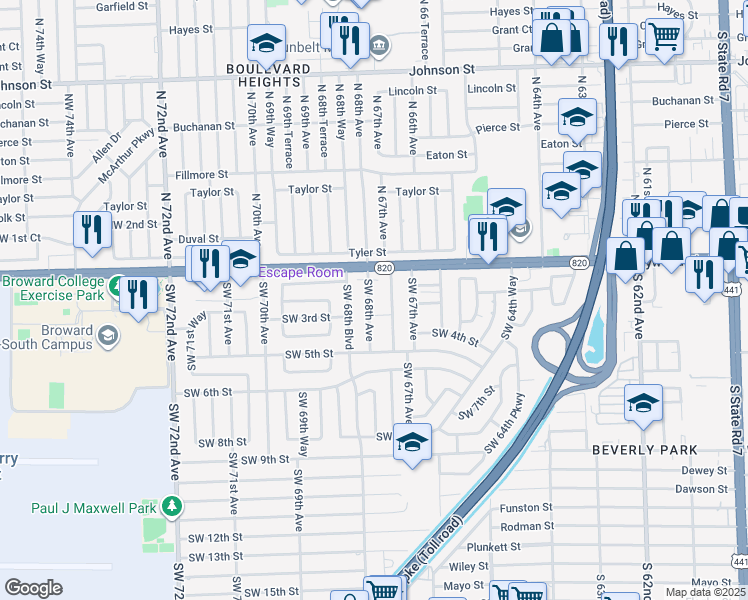 map of restaurants, bars, coffee shops, grocery stores, and more near 207 Southwest 68th Avenue in Pembroke Pines