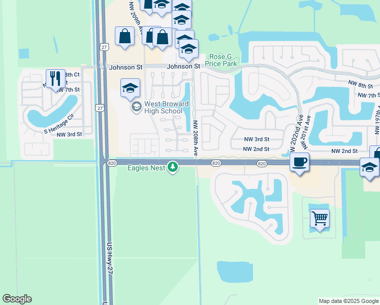 map of restaurants, bars, coffee shops, grocery stores, and more near 20801 Northwest 1st Street in Pembroke Pines