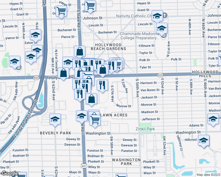 map of restaurants, bars, coffee shops, grocery stores, and more near 218 South 57th Way in Hollywood