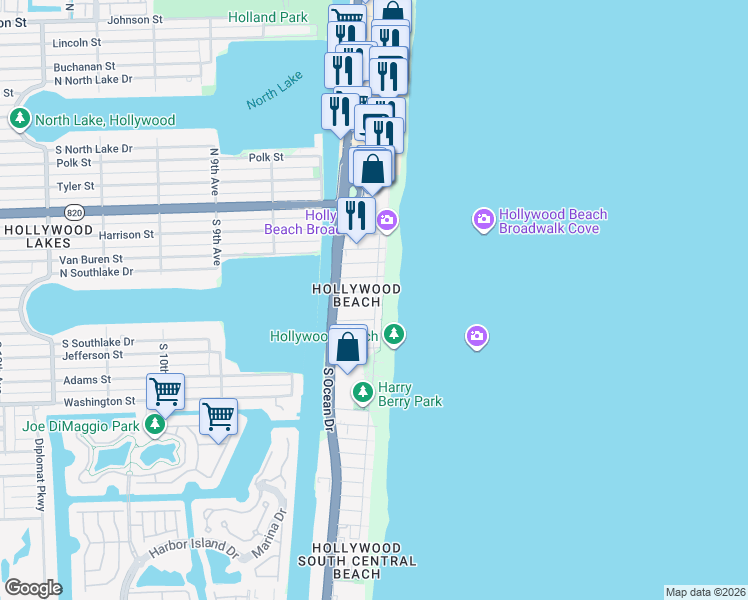 map of restaurants, bars, coffee shops, grocery stores, and more near in Hollywood