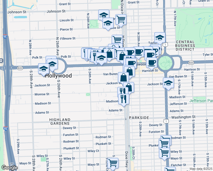 map of restaurants, bars, coffee shops, grocery stores, and more near 2236 Jackson Street in Hollywood