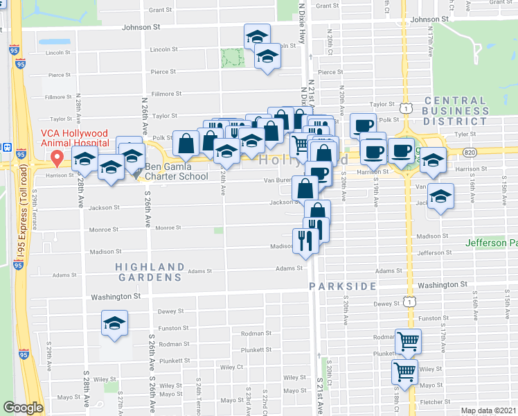 map of restaurants, bars, coffee shops, grocery stores, and more near 2236 Jackson Street in Hollywood
