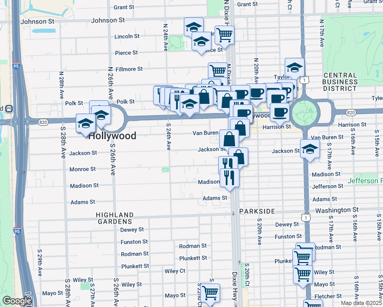 map of restaurants, bars, coffee shops, grocery stores, and more near 2236 Jackson Street in Hollywood