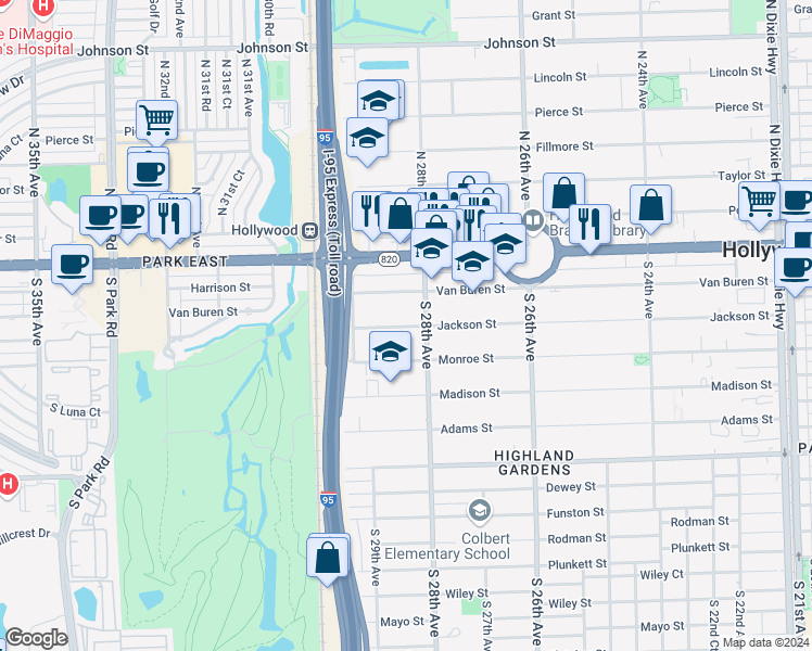map of restaurants, bars, coffee shops, grocery stores, and more near 2831 Jackson Street in Hollywood