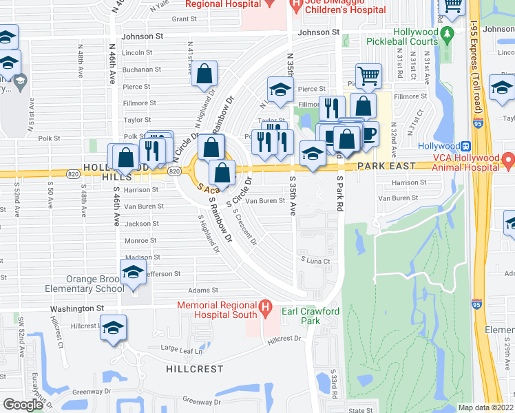 map of restaurants, bars, coffee shops, grocery stores, and more near 131 South Luna Court in Hollywood
