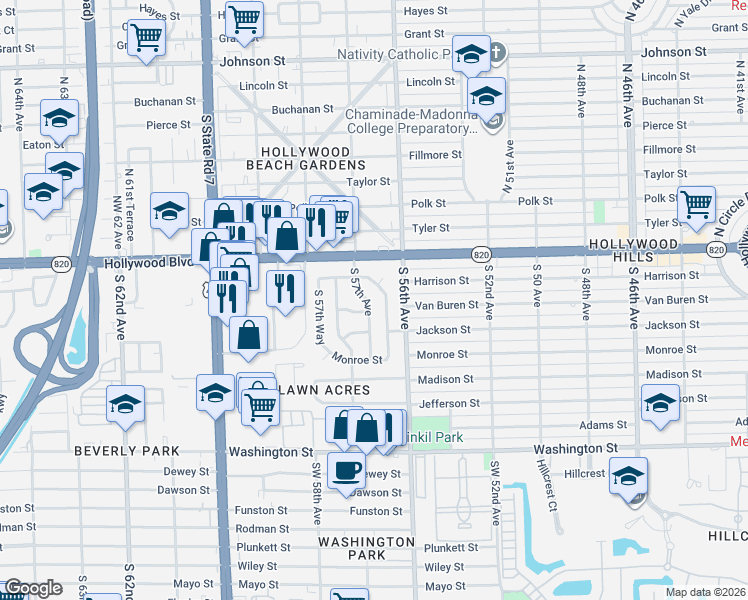map of restaurants, bars, coffee shops, grocery stores, and more near 222 South 56th Terrace in Hollywood