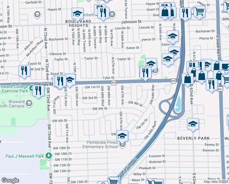 map of restaurants, bars, coffee shops, grocery stores, and more near 207 Southwest 68th Avenue in Pembroke Pines