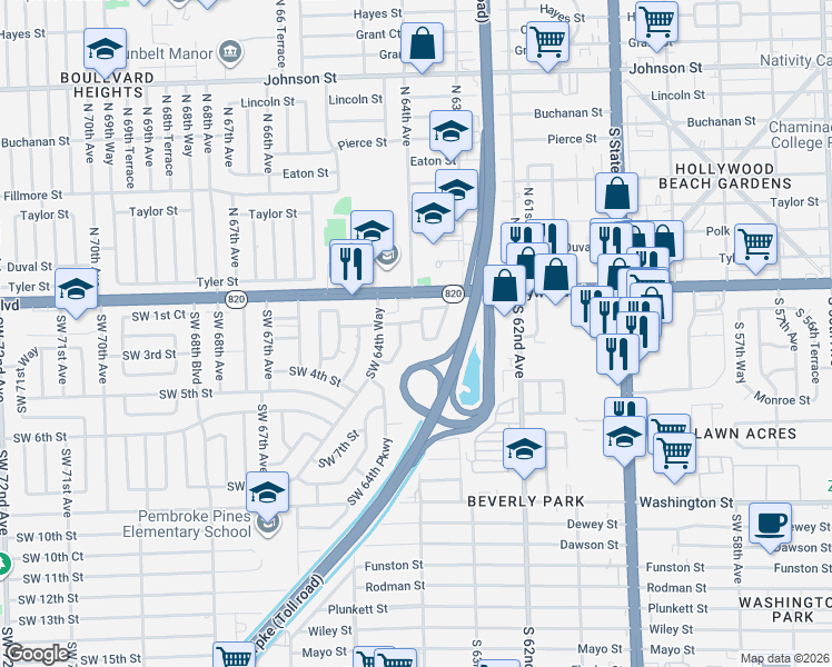 map of restaurants, bars, coffee shops, grocery stores, and more near 210 Southwest 64th Avenue in Pembroke Pines