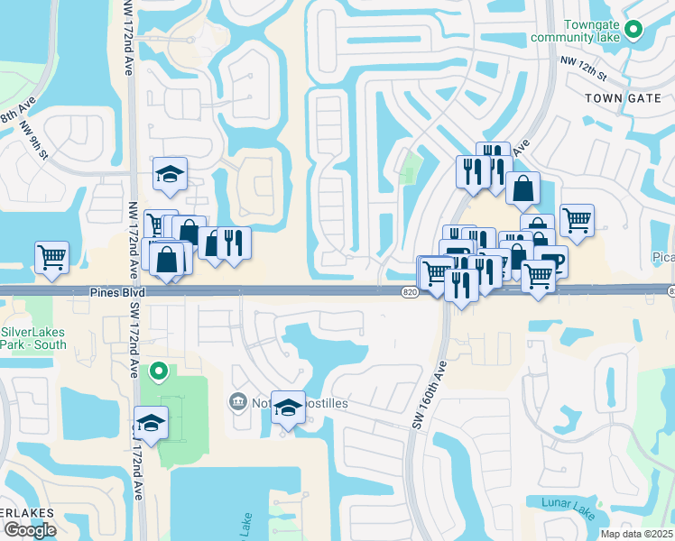 map of restaurants, bars, coffee shops, grocery stores, and more near 16520 Northwest 1st Street in Pembroke Pines