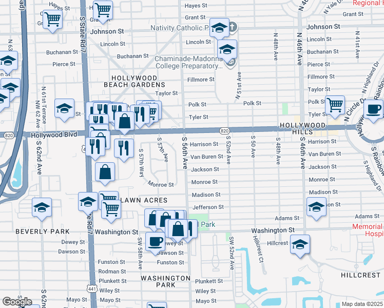 map of restaurants, bars, coffee shops, grocery stores, and more near 5511 Van Buren Street in Hollywood