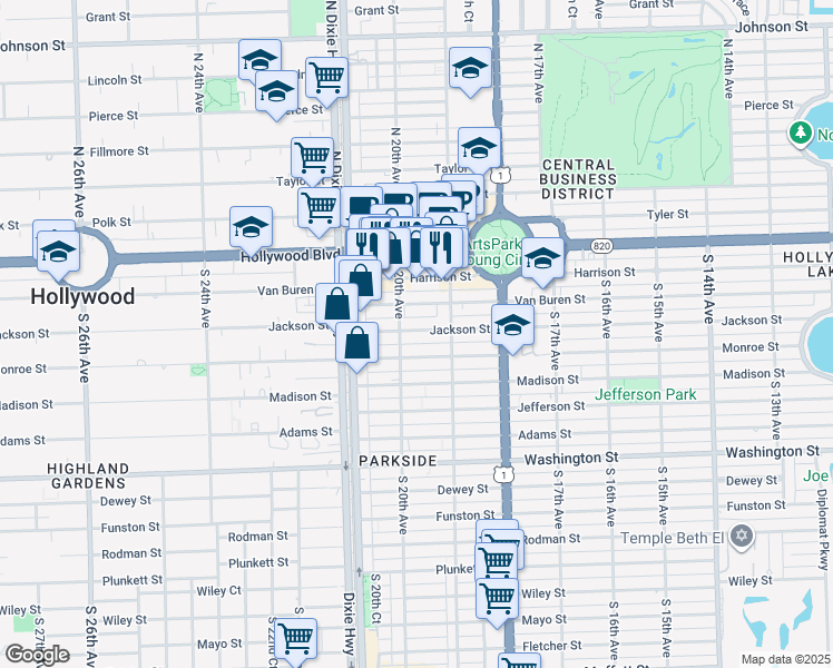 map of restaurants, bars, coffee shops, grocery stores, and more near 1938 Jackson Street in Hollywood