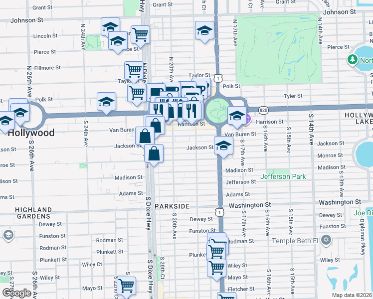 map of restaurants, bars, coffee shops, grocery stores, and more near 1938 Jackson Street in Hollywood