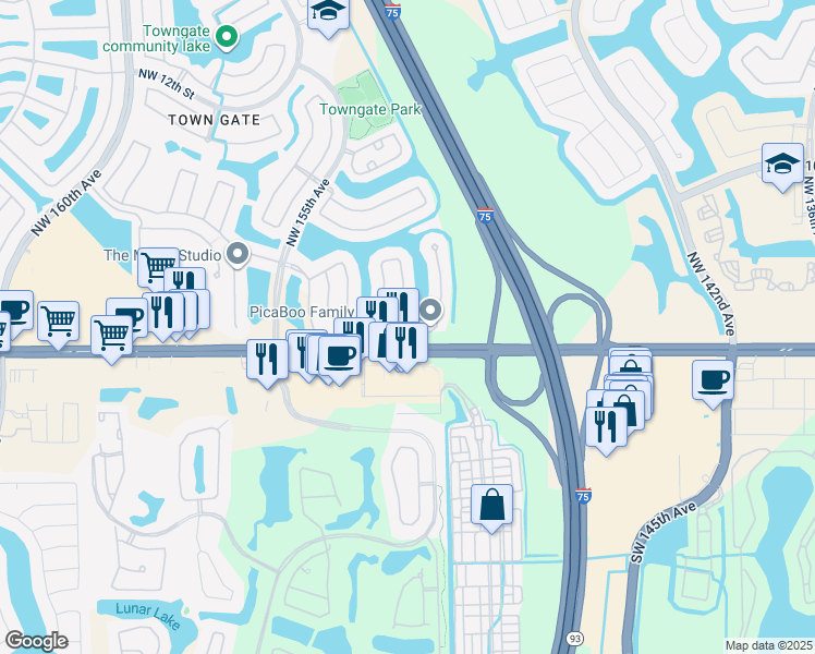 map of restaurants, bars, coffee shops, grocery stores, and more near 15195 Northwest 1st Street in Pembroke Pines