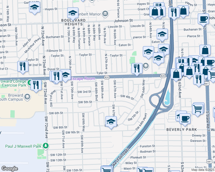 map of restaurants, bars, coffee shops, grocery stores, and more near 207 Southwest 68th Avenue in Pembroke Pines